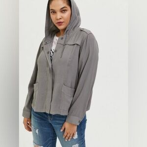 Torrid Grey Twill Hooded Crop Jacket Size 1x